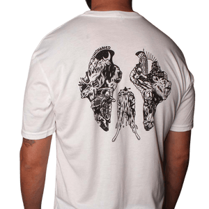 Mosaic T-Shirt back view showing a graphic of mountains, moose, motorcycle, city skyline, and waterfall adventure