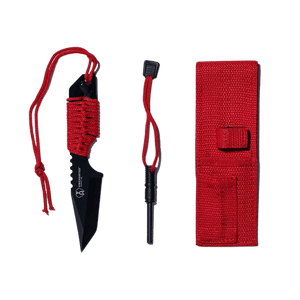 Prospector Knife set: black survival knife with red paracord handle, ferro rod, and red nylon sheath for outdoor use