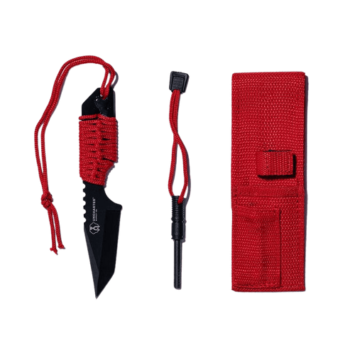 Prospector Knife set: black survival knife with red paracord handle, ferro rod, and red nylon sheath for outdoor use