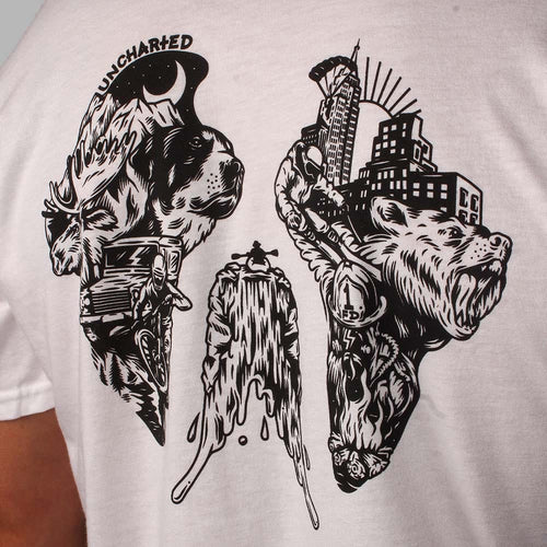 Mosaic T-shirt with black graphic design showing outdoor adventure elements, urban challenges, and survival themes