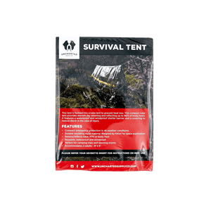 Survival Tent, Uncharted Supply Co emergency shelter. Mylar tube tent packaging shows waterproof, windproof, 90% heat reflection, 2 adults, 8x3