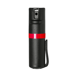 POM Pepper Spray, black self-defense spray with red band and clip