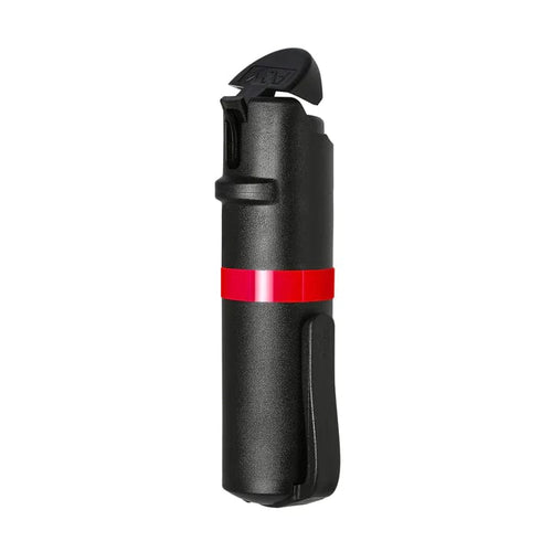POM Pepper Spray, compact black self-defense spray with red band and pocket clip
