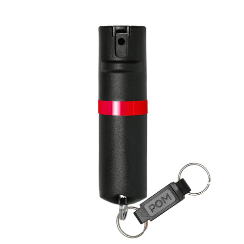 POM Pepper Spray, black self-defense canister with red band and POM keychain
