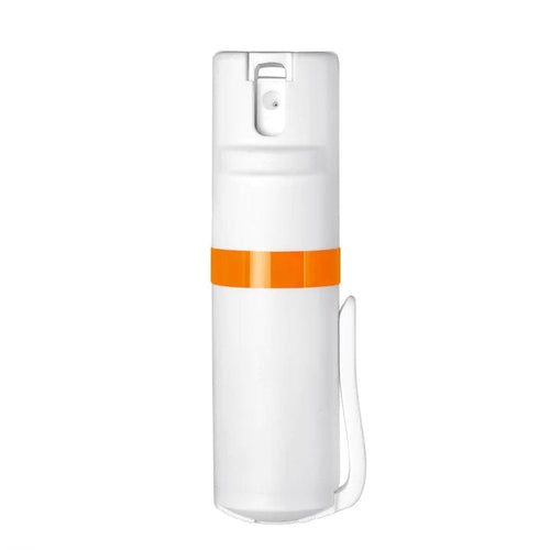 POM Pepper Spray, white with orange band, compact personal self-defense spray with clip