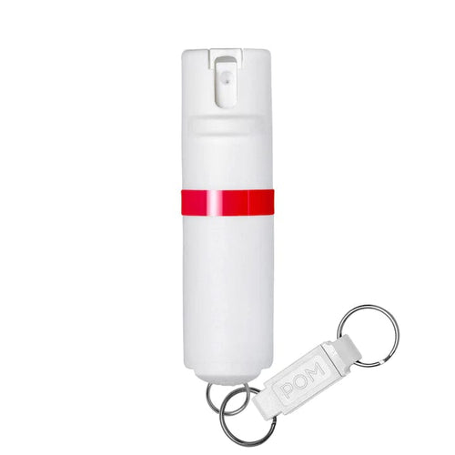 POM Pepper Spray, white canister with red band & keyring, personal protection