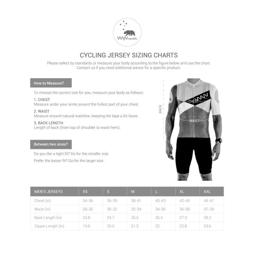 A cycling jersey sizing chart.