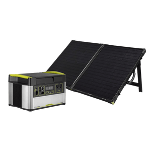 Goal Zero Yeti 1000x 120v Solar Kit: silver portable power station and two black Boulder solar panels