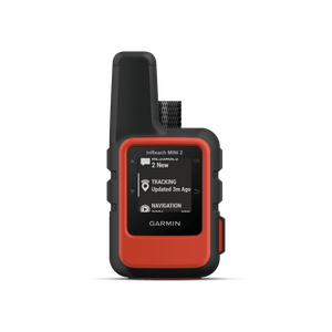 Garmin inReach Mini 2, an orange and black satellite communicator with screen showing 2 new messages and tracking status