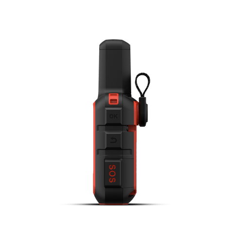 Garmin inReach Mini 2 emergency satellite communicator, black and orange side view with SOS button