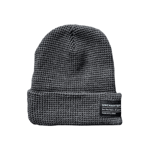 Gray Waffle Knit Beanie with Uncharted brand label